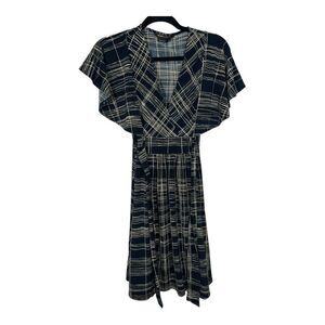 BCBG x Maxaria Dress Stretch Flowy Sleeve Pleated Shift Dress Blue Gold …